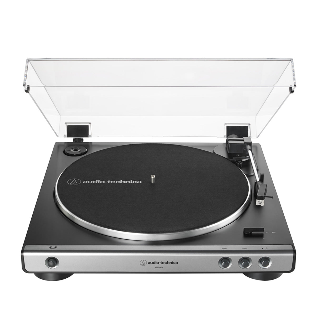 Audio-Technica AT-LP60X-GM Fully Automatic Belt-Drive Stereo Turntable (Gunmetal) with Audioengine A2+ Premium Powered Wireless Desktop Speakers - Pair (White) - groovevinylvault