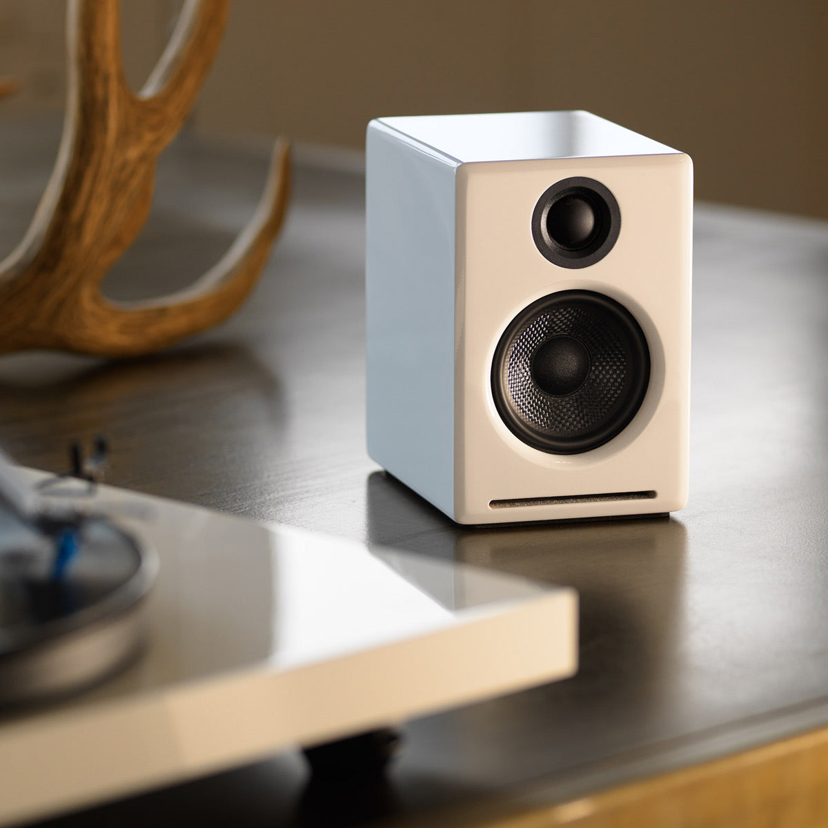 Audio-Technica AT-LP60X-GM Fully Automatic Belt-Drive Stereo Turntable (Gunmetal) with Audioengine A2+ Premium Powered Wireless Desktop Speakers - Pair (White) - groovevinylvault