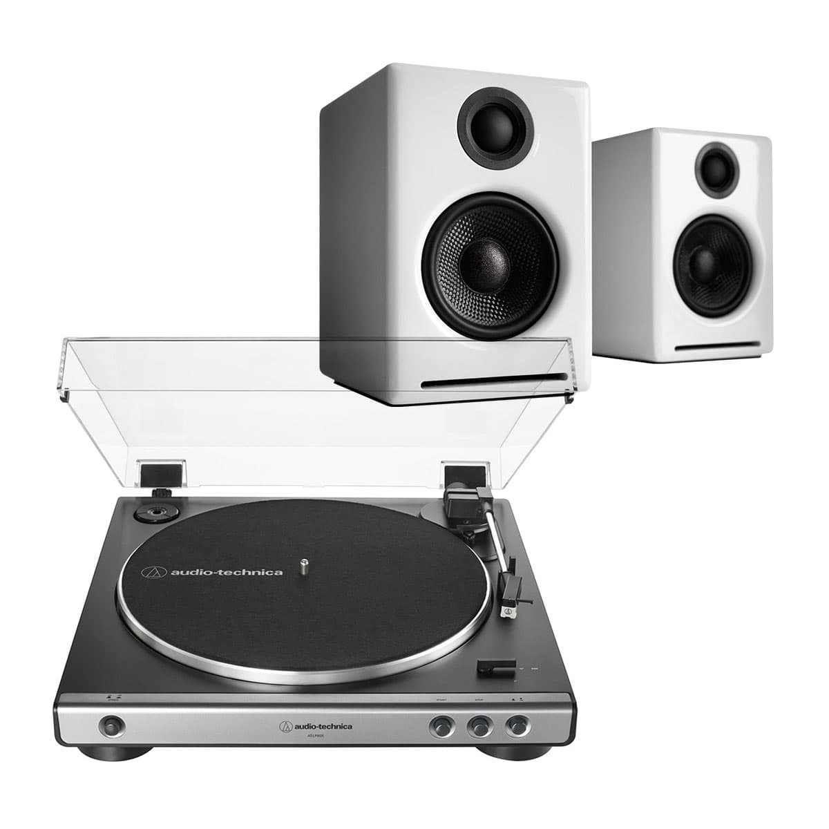 Audio-Technica AT-LP60X-GM Fully Automatic Belt-Drive Stereo Turntable (Gunmetal) with Audioengine A2+ Premium Powered Wireless Desktop Speakers - Pair (White) - groovevinylvault