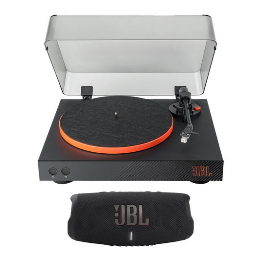 JBL Spinner BT Semi-Automatic Bluetooth Turntable (Black/Orange) with Charge 5 Portable Bluetooth Speaker (Black) - groovevinylvault